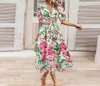 Casual Dresses Women's Dress 2024 Spring Lantern Sleeves V-Neck Bohemian Flower Print High midje Slim Fit Maxi A-line kjol