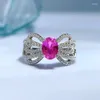 Anneaux de cluster en argent sterling 925 ovale laboratoire rose saphir pierres précieuses bijoux fins pour femmes bowknot bague cadeau d'anniversaire