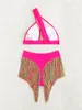 Damenbadebekleidung Sexy Quaste Bikini Set 2024 Frauen Eine Schulter aushöhlen Push Up Hohe Taille Höschen Badeanzug Sommer Strand Badeanzug