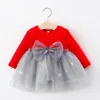 Платья для девочек, весенне-осеннее корейское милое сетчатое хлопковое платье с бантом и длинными рукавами, роскошное платье принцессы на день рождения, одежда для малышей BC831