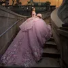 Розовое блестящее платье Quinceanera с открытыми плечами, платье принцессы для выпускного вечера, аппликации, кружевное платье с цветочными бусинами, Tull Sweet 16, Vestidos De 15 Anos