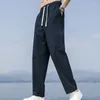 Erkek pantolon pamuk keten erkek yaz nefes alabilen düz renkli pantolonlar fitness sokak kıyafetleri ayak bileği uzunluğu