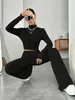 Women's Tracksuits 2018 Spring Knitted 2-piece Womens Track Clothing Long sleeved Vintage Sweater Crop Top Flash Pants Elastic Matching SetL2403