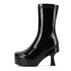 Boots Women's Platform مرونة أحذية منتصف العجل 2022 شتاء جديد مثير الكعب سميكة 9cm الساتان جولة الرأس أحذية الكاحل الأسود الأزرق حجم كبير 43