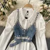 2024 Highend White Shirt Dress Female Lapel Diamond Pearl Luxury Short Denim Vest Chic Two Piece Set Fashion 240314