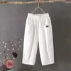 Pantalones de mujer verano casual algodón lino 2024 color sólido cintura elástica mujer de mediana edad recortada