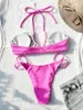 Damenbadebekleidung Hellrosa Patchwork-Badeanzug Frauen 2024 Sexy Blumendruck 2-teiliger Bikini Sommer Strandurlaub Kordelzug Hosenträger