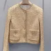 Brand Designer Brand a due pezzi MIU in stile Shiny Silk Oro Short Giacca intrecciato e patchwork Slimt Top per il Design Societi di Sociate Sense Cardigan in inverno Rebc