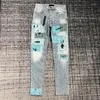 Jeans masculinos euramerican moda jean am irregular caju floral retalhos denim calças de alta qualidade masculino magro estiramento lápis calças