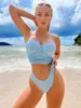 Damenbadebekleidung Sexy Bügel-Bikini-Set Frauen Solide Blau Pleate Push Up Gepolsterter 3-teiliger Badeanzug 2024 Badeanzug Rock Hohe Taille