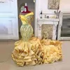 Ruffles Mermaid Gold Prom Dresses Sheer Neck Appliques Beads Tiered Puffy Bottom Plus Size Evening Gowns Aso Ebi Party Dress