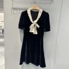 Basic & Casual Dresses Designer Brand Exquisite Velvet Black Dress with a Miu Style Bow Tie and Patchwork Short Sleeved Waistband, Elegant A-line Skirt 96AB