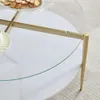 Decorique Home Modern Table with Top, Living Room Round Double Layered 30 Inch White Wooden Storage Coffee Table, Gold Leg Structure and Transparent Glass Top