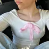 女性のTシャツガオノY2Kレトロクロップトップ春秋のためのタイトな四角い首の長袖3DボウショートTシャツ