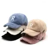 Bollmössor Fashion Trend Keep Warm Lambwool Solid Color Letter R Embroidered Baseball for Women Outdoor Sports Street Casual Hat