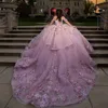 Розовое блестящее платье Quinceanera с открытыми плечами, платье принцессы для выпускного вечера, аппликации, кружевное платье с цветочными бусинами, Tull Sweet 16, Vestidos De 15 Anos