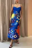 Designer fantasia vestido longo feminino padrão abstrato sexy feminino cetim halter graffiti impressão sem mangas vestido de balanço