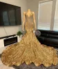 Gold Sparkly Trumpet Evening Ceremony Reception Dresses For Black Girl 2024 Luxury Diamond Gillter Prom Gala klänning Se igenom