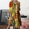 Robes décontractées Vintage Boho Palm Feuille Imprimer Papillon Femmes Taille Haute O Cou Big Hem Coton Lin Lâche Robe Courte Dames 5XL