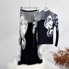 Miyake Runway Two Piece Set Women Flower Print High Stretchy Pullover Tshirts Pleated Long kjolar Passar kvinnliga kläder 240312