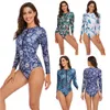 Designer Bikini-Bikini-Sets einteiliger Badeanzug farbenfrohe Blätterblätter Blütendruck langärmlige Reißverschluss Reißverschluss Surfen Badeanzug Frauen