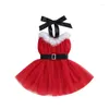 Meisjesjurken Peuter Baby Meisjes Kerstman Tule Jurk Kerst Contrasterende Kleur Halternek Prinses Met Riem Feestkleding