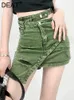 DEAT Fashion Womens Skirt High Waist Patchwork Irregular Mini Above Knee Tie-dyed Green Denim Skirts Spring 2024 17A1759 240315