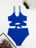 Kvinnors badkläder 2024 Solid Color 2 Piece Swimsuit For Women High midje Bikini Set Cross V-Neck Suspender Backless Summer Beach Semester