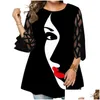 Womens Plus Size T-Shirt Blouse Women 2022 Autumn Three Quarter Mesh Sleeve Printed Elegant Tunic Tops Loose Oversized Ladies Shirt Dr Otbut