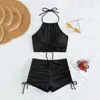 Kvinnors badkläder Brown Ribbed Shorts Baddräkter Kvinnor Halter Bikinis Set String DrawString Bathing Suit Beachwear Sexig Bikini 2024 Mujer