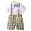 Conjuntos de roupas verão bebê meninos roupas formal terno crianças festa de aniversário vestido bowtie camisa suspender shorts 4pcs cavalheiro 1-6y