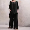 Pantalon deux pièces pour femmes, ensemble 2 pièces/ensemble, poches amples, ourlet irrégulier, jambes larges, col rond, T-shirt doux et respirant