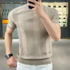 T-shirts voor heren Nieuwe zomer heren gebreid ijszijde T-shirt Hoge kwaliteit effen jacquard streep korte mouw O-hals tee top heren dun slim fit T-shirt J240322