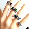 Band Rings 30Pcs/Lot New Retro Cute Men And Women Charm Punk Owl Ring Vintage Mti-Color Eyes Creative Jewelry Party Gift Favo Dhgarden Dh3De