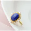 Cluster Rings Natural Lapis Lazuli Inlaid 925 Sterling Silver Gold-Plated Zircon Pearl Ms. Ring