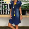 Casual Dresses Summer Fashion Classical Short Sleeve Denim Dress For Women Turn Down Collar Single-breasted Pockets Knee-length Vintage