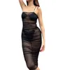 Robes décontractées Puloru See-Through Black Mesh Sheer pour les femmes Sexy Summer sans manches une épaule fronde froncée moulante robe midi