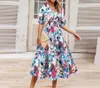 Casual Dresses Women's Dress 2024 Spring Lantern Sleeves V-Neck Bohemian Flower Print High midje Slim Fit Maxi A-line kjol
