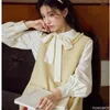 Women's Blouses Cute Retro Vintage Ruffles Bow Tie Ribbon Tops Cotton FLHJLWOC Japan Girls Single Breasted Button Solid Green White Shirts