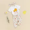 Ensembles de vêtements d'été pour bébés garçons et filles, tenues imprimées, barboteuse à manches courtes, taille élastique, pantalon à fleurs, bandeau, ensemble de vêtements