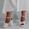 Sandaler ippeum Women Platform White High Heeled Bowknot Ankle Buckle Strap Chunky Square Heel Wedding Shoes