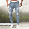 Jeans pour hommes Slim Fit Mode Classique Taille Haute Trous Ripped Crayon Pantalon Hommes Skinny Streetwear Bleu Denim Long