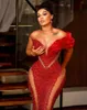 Sparkly Beaded Sequins African Mermaid Evening Dresses Red Sheer Cap Sleeves Aso ebi Formal Dress Black Women Party Prom Gowns With Lace Up Back 0322