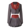 Work Dresses Xgoth Pure Sexy Women Skirt Suits Gray College Lapel Short Jackets Suit Pleated A-line Mini British Preppy Two-piece Sets