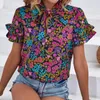 Women's Blouses Casual Loose Fit Blouse Women Shirt Ethnic Style Floral Print Summer With Stand Collar Ruffle Tie For A