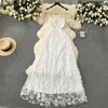 Casual jurken, sexy witte jurk, geborduurd gaas, zomer, hangende riem, damesgevoel, open rug, lang