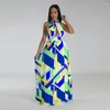 Vestidos casuais lazer praia saia feminina pendurado pescoço aberto volta plissado grande balanço vestido impresso sem mangas cintura alta longa