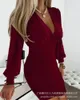 Casual Dresses Women Long Sleeve Sheath V-neck Tight Y2K Khaki Lantern Bodycon Dress High Waist Sexy Solid Party Midi