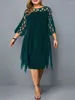 Casual Dresses Sleeve Hollow Out Solid Sexy Women's Clothing Evening 2024 Elegant Midi Party Dress for Chubby Women XXL O Neck spets