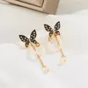 Boucles d'oreilles VIVILADY en alliage de perles, chaîne avec pompon, nœud papillon noir, bijoux pour femmes, mode Simple, doux, cadeau de fête, vente en gros